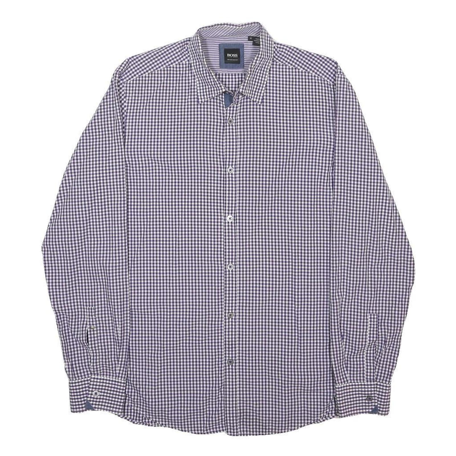 BOSS HUGO BOSS Mens Blue & White Checked Shirt M Classic Cotton Long Sleeve
