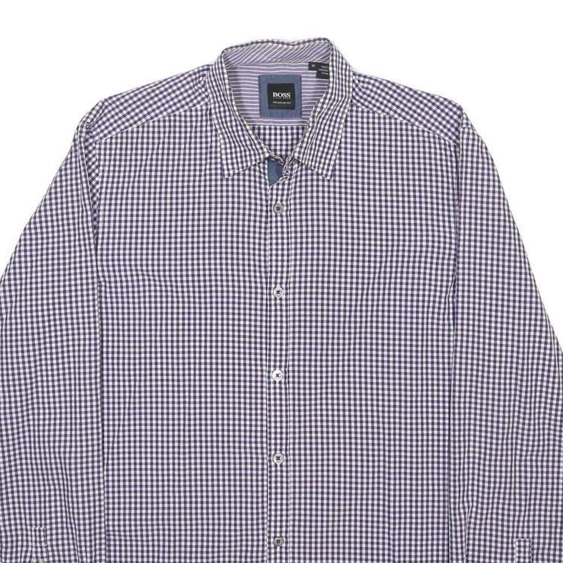 BOSS HUGO BOSS Mens Blue & White Checked Shirt M Classic Cotton Long Sleeve