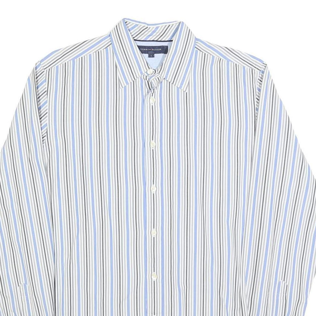 TOMMY HILFIGER Mens White & Blue Stripe Shirt S Classic Cotton Blend Long Sleeve