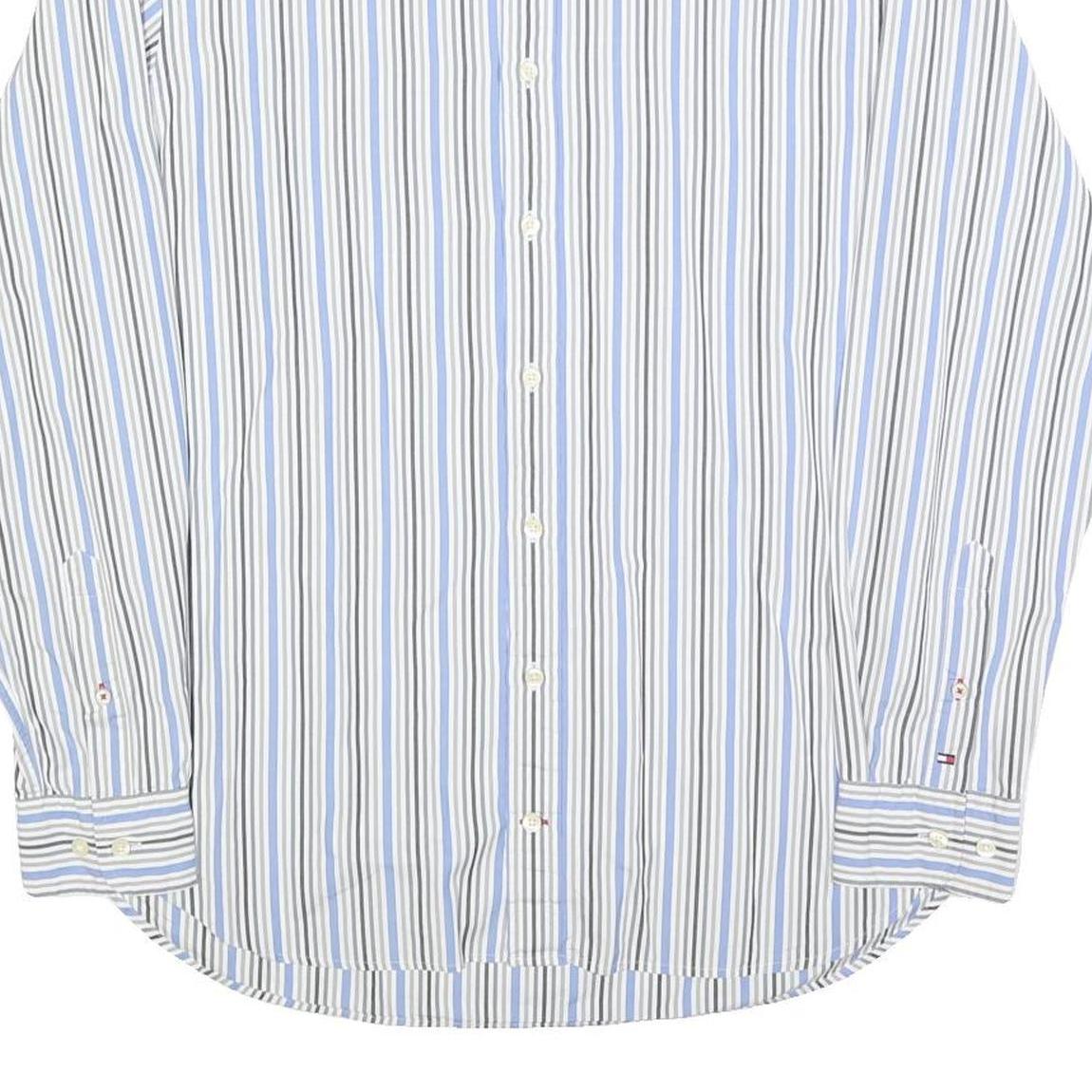 TOMMY HILFIGER Mens White & Blue Stripe Shirt S Classic Cotton Blend Long Sleeve