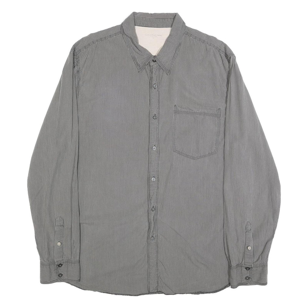CALVIN KLEIN JEANS Mens Grey & White Striped Shirt XL Button Cotton Casual