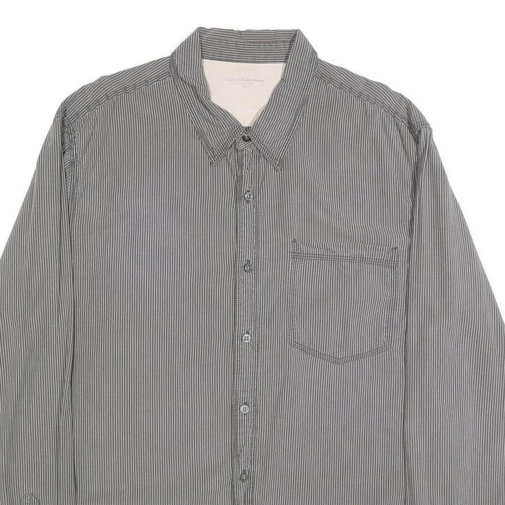 CALVIN KLEIN JEANS Mens Grey & White Striped Shirt XL Button Cotton Casual