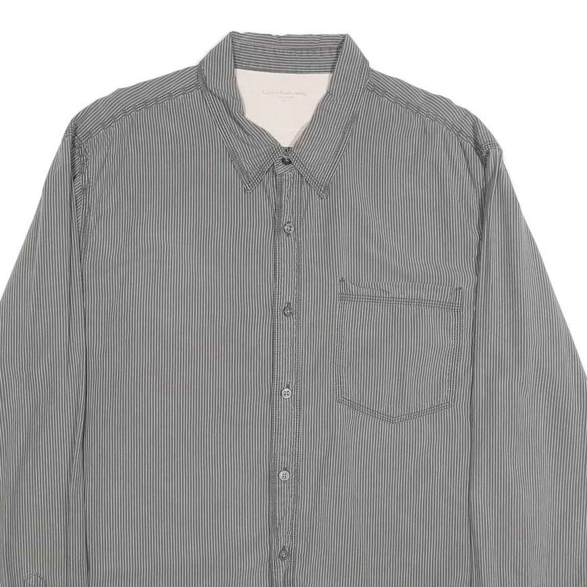 CALVIN KLEIN JEANS Mens Grey & White Striped Shirt XL Button Cotton Casual