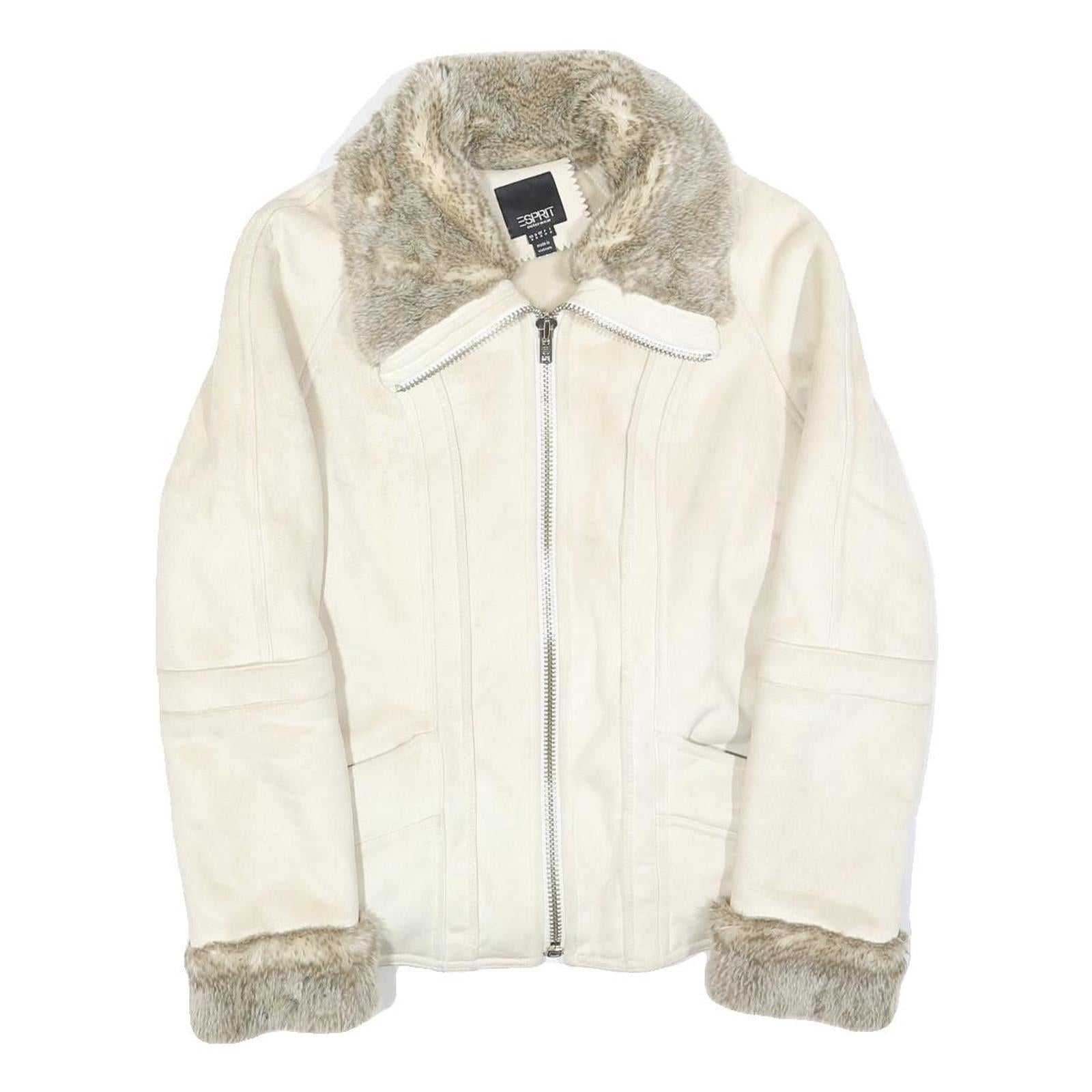 ESPRIT Womens White Suede Jacket S Faux Fur Collar Cuffs Zip Closure Casual