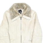 ESPRIT Womens White Suede Jacket S Faux Fur Collar Cuffs Zip Closure Casual