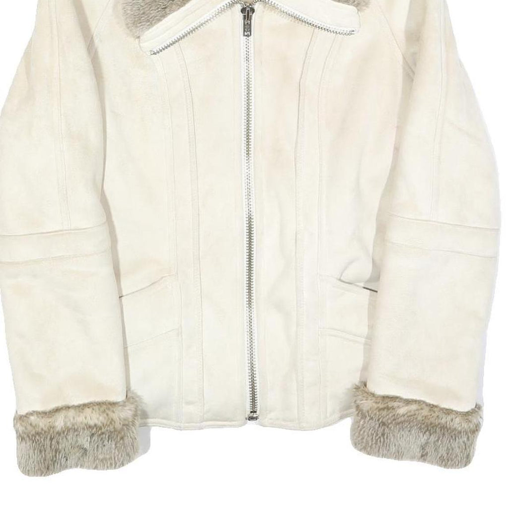 ESPRIT Womens White Suede Jacket S Faux Fur Collar Cuffs Zip Closure Casual