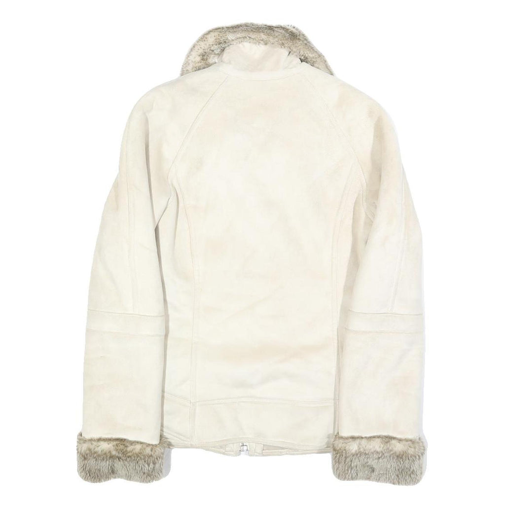 ESPRIT Womens White Suede Jacket S Faux Fur Collar Cuffs Zip Closure Casual