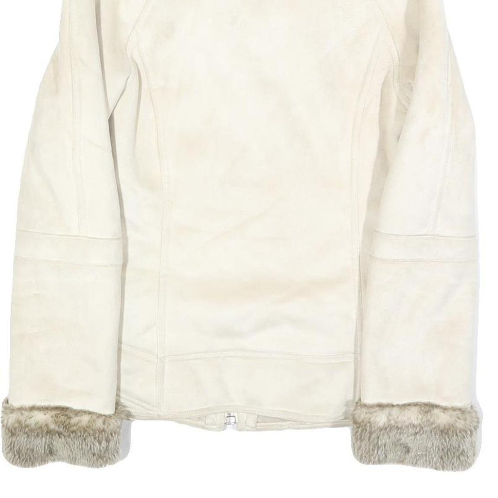 ESPRIT Womens White Suede Jacket S Faux Fur Collar Cuffs Zip Closure Casual