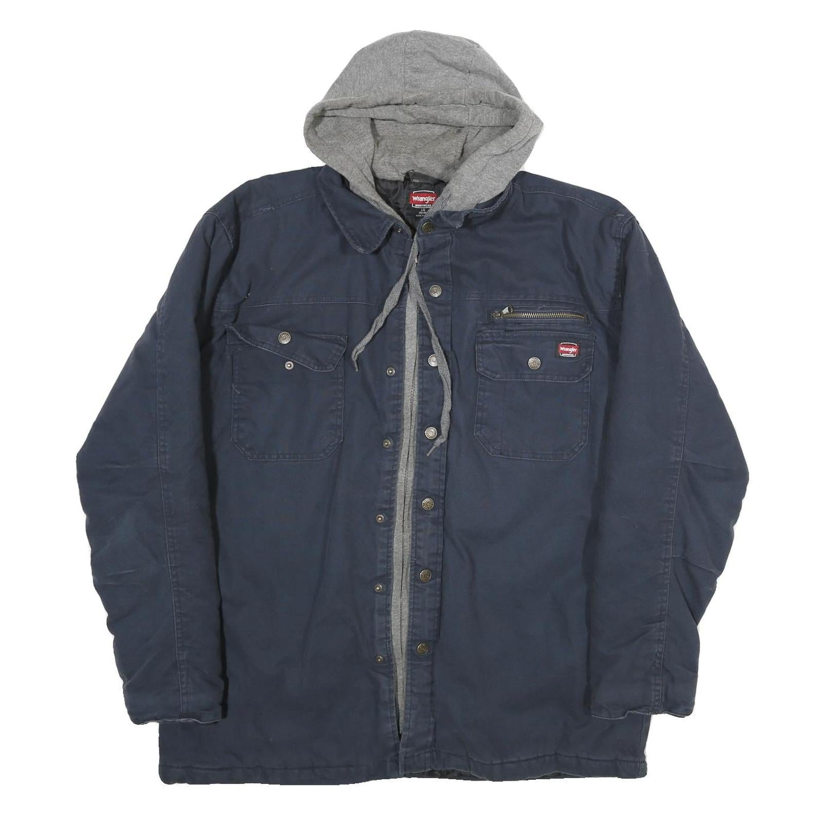 WRANGLER Mens Navy Blue Cotton Hooded Jacket M Zip Casual Workwear Pocket