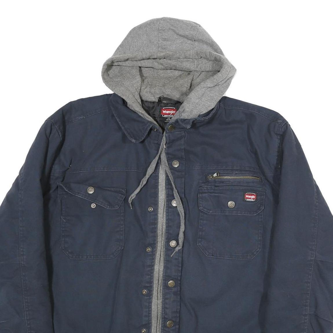 WRANGLER Mens Navy Blue Cotton Hooded Jacket M Zip Casual Workwear Pocket