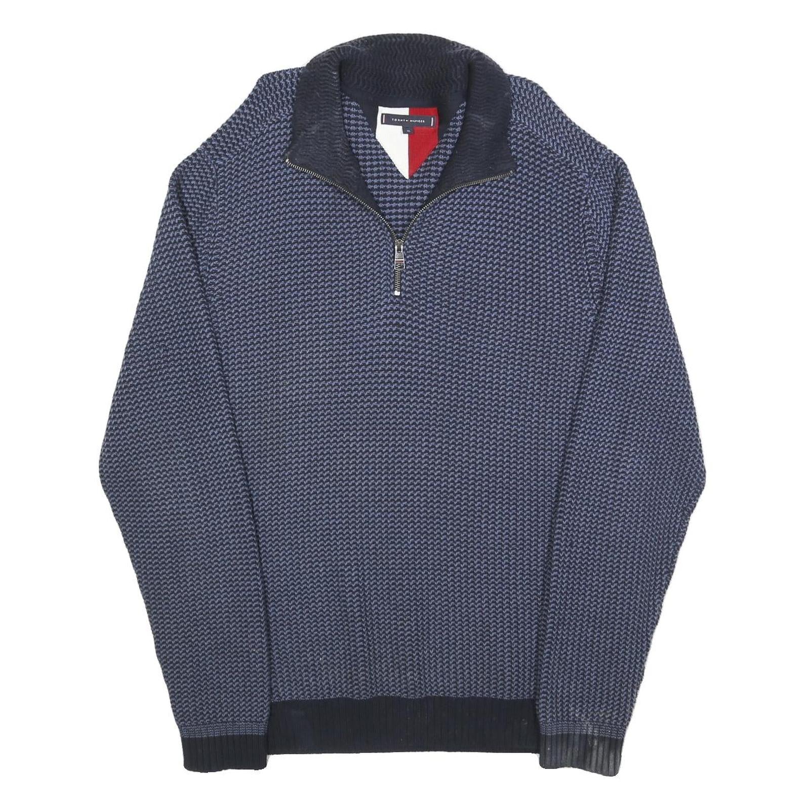 TOMMY HILFIGER Mens Blue Patterned Pullover V Neck Chunky Knit XL Cotton Jumper