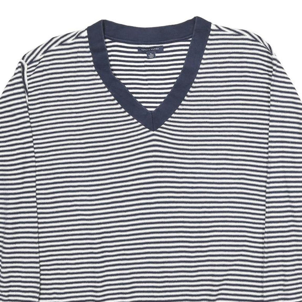 TOMMY HILFIGER Womens Navy & White Patterned Jumper V-Neck Basic Knit XL Striped