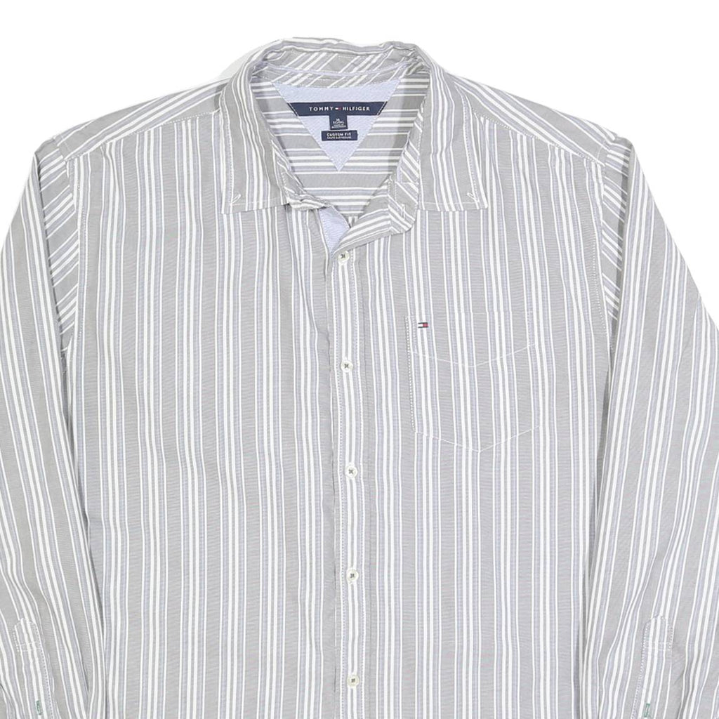 TOMMY HILFIGER Mens Grey & White Striped Shirt XL Cotton Long Sleeve