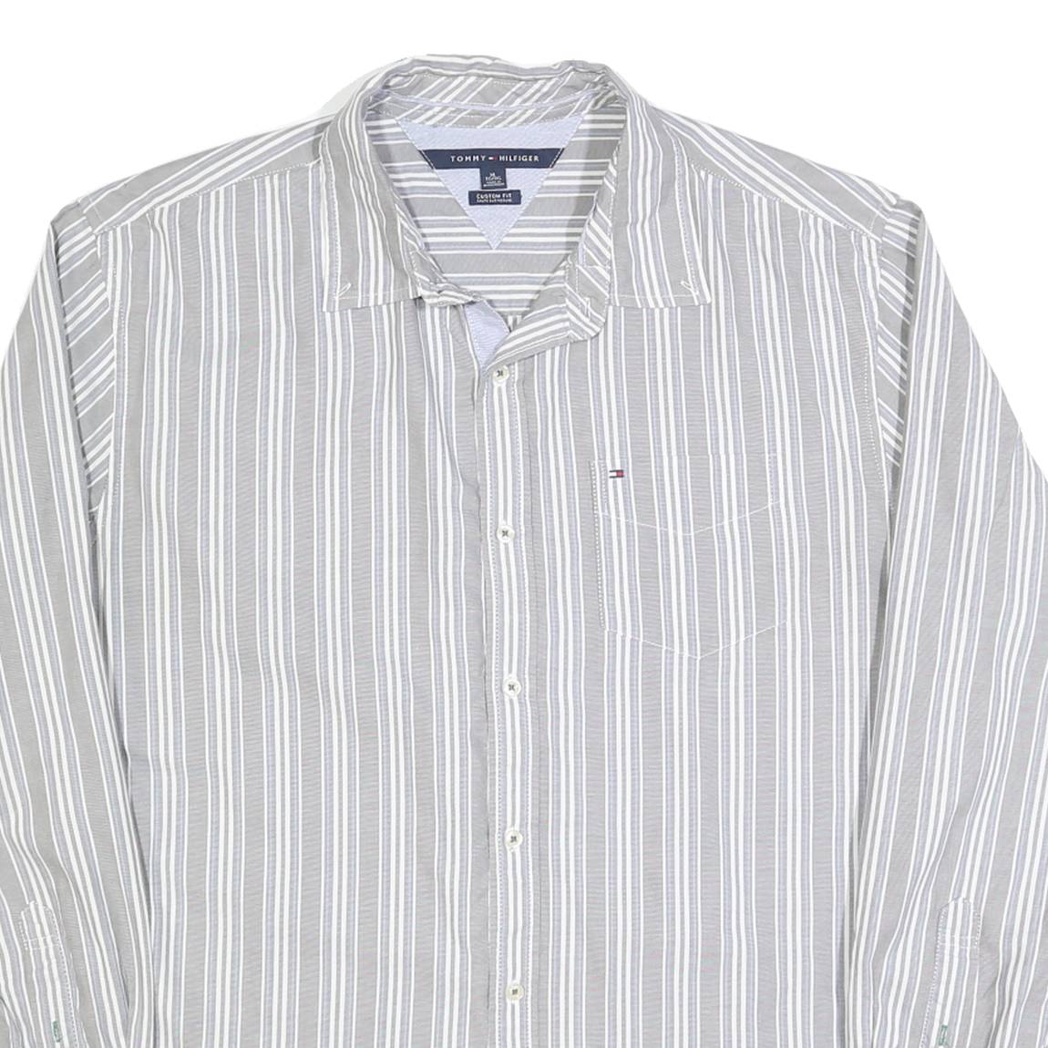 TOMMY HILFIGER Mens Grey & White Striped Shirt XL Cotton Long Sleeve