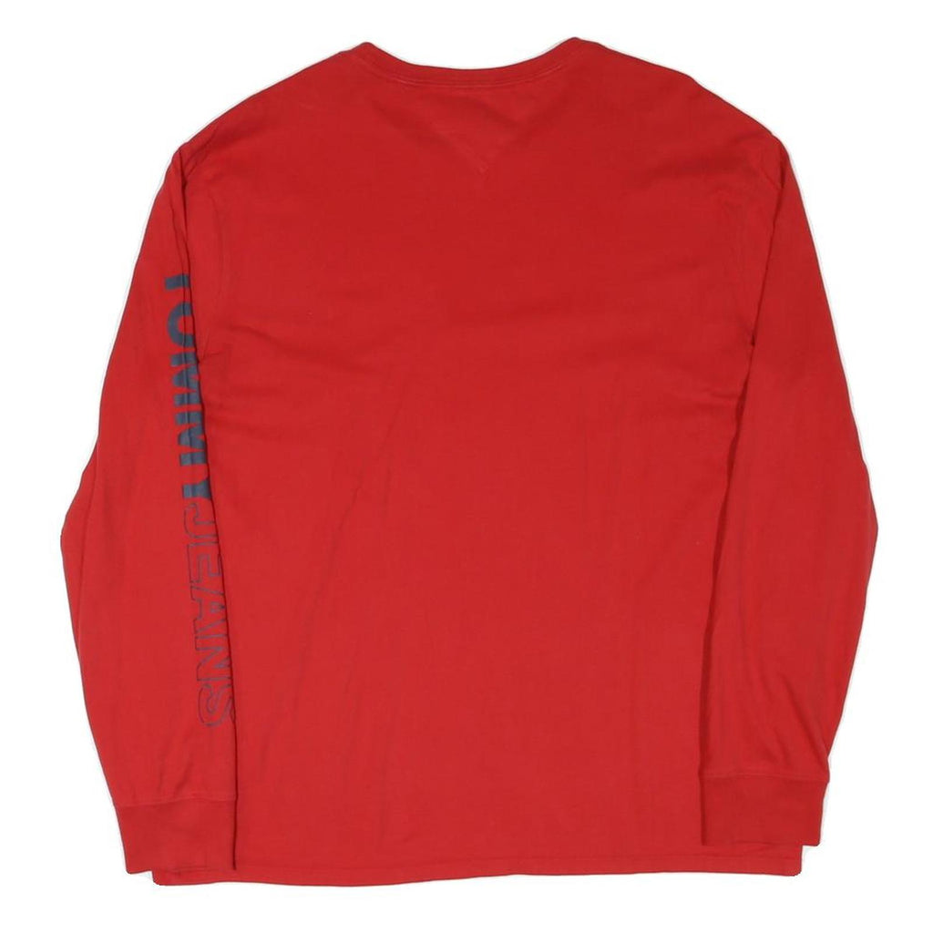 TOMMY JEANS Womens Red Long Sleeve Crew Neck Logo Cotton Blend L T-Shirt