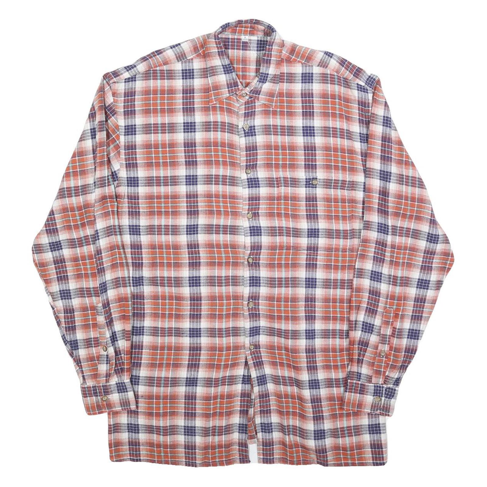 Mens Orange & Navy Check Cotton Blend Shirt M Casual Long Sleeve Button