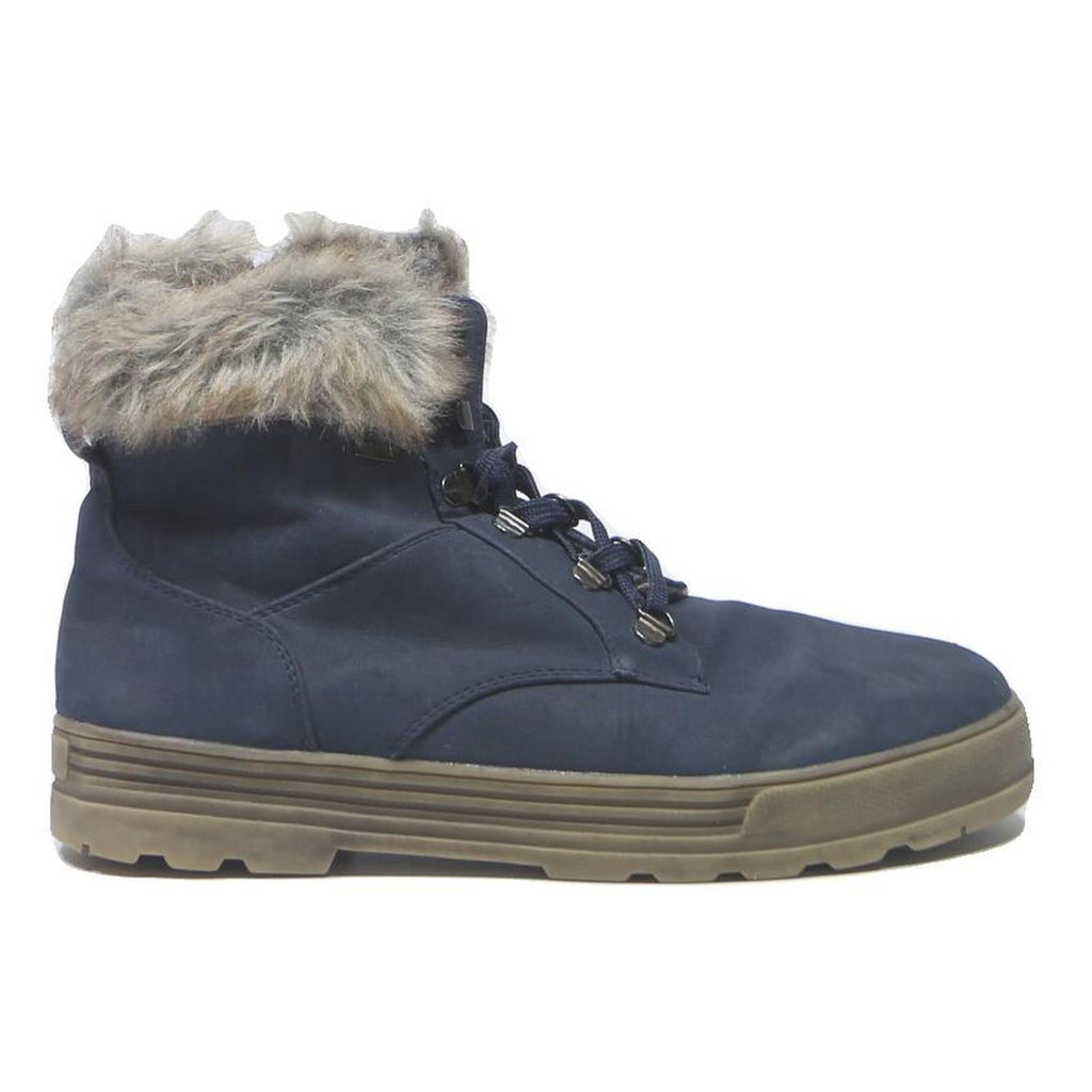 S.OLIVER Womens Blue Ankle Boots Synthetic UK 8 Faux Fur Collar Winter Warm