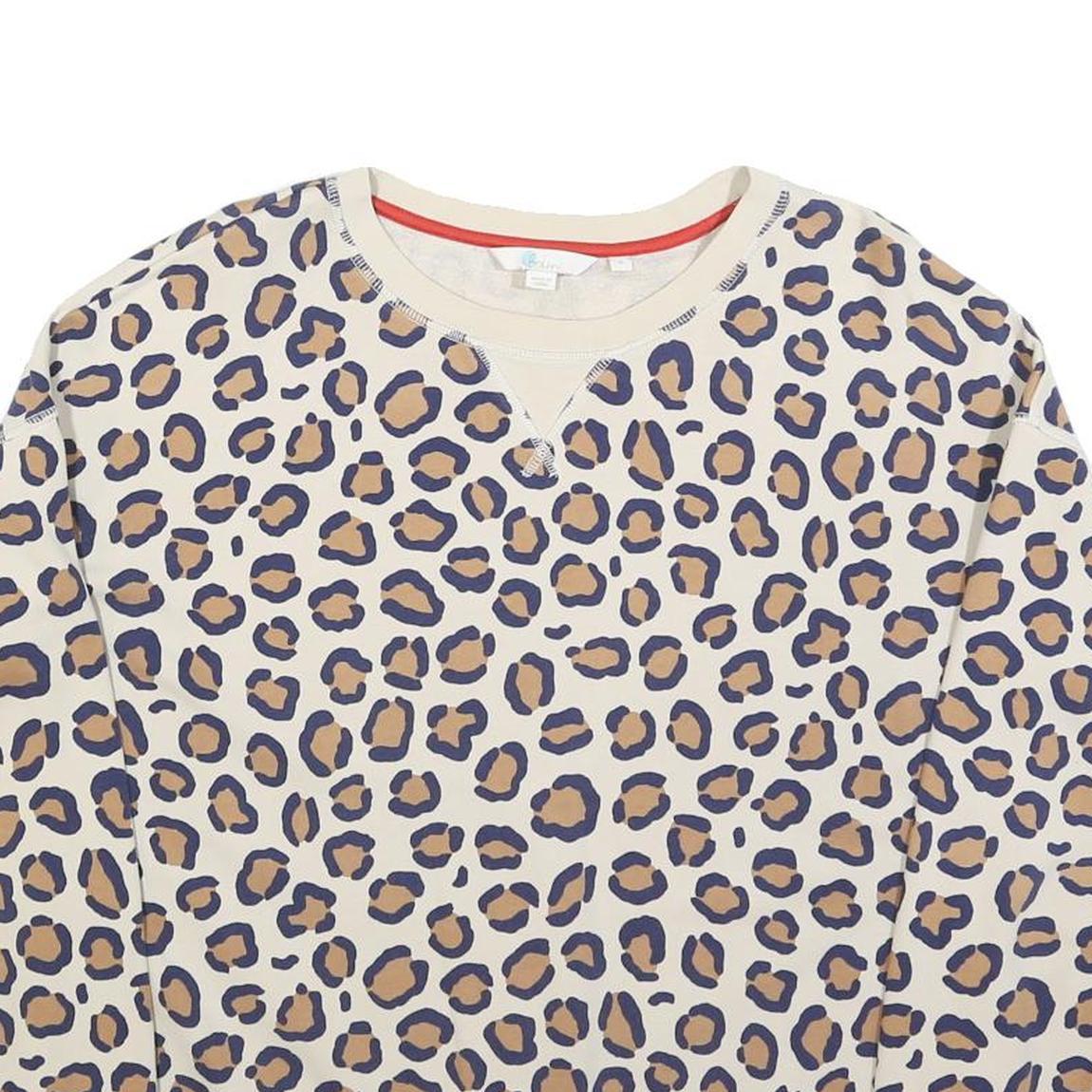 BODEN Womens Cream Leopard Print Crew Neck M Cotton Blend Sweatshirt