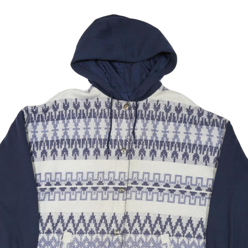 Womens Blue & White Patterned Button Jacket L Polyester Blend Hooded Casual Wear