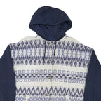 Womens Blue & White Patterned Button Jacket L Polyester Blend Hooded Casual Wear