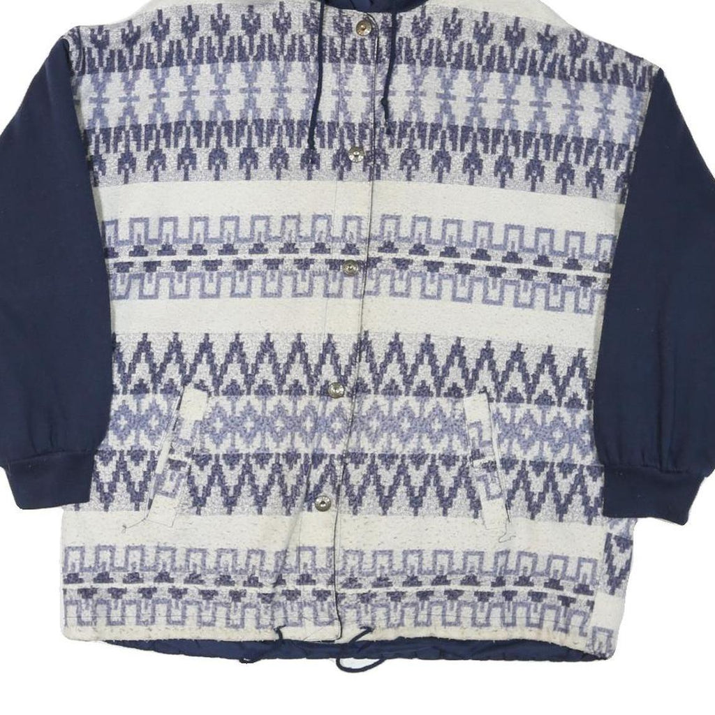 Womens Blue & White Patterned Button Jacket L Polyester Blend Hooded Casual Wear