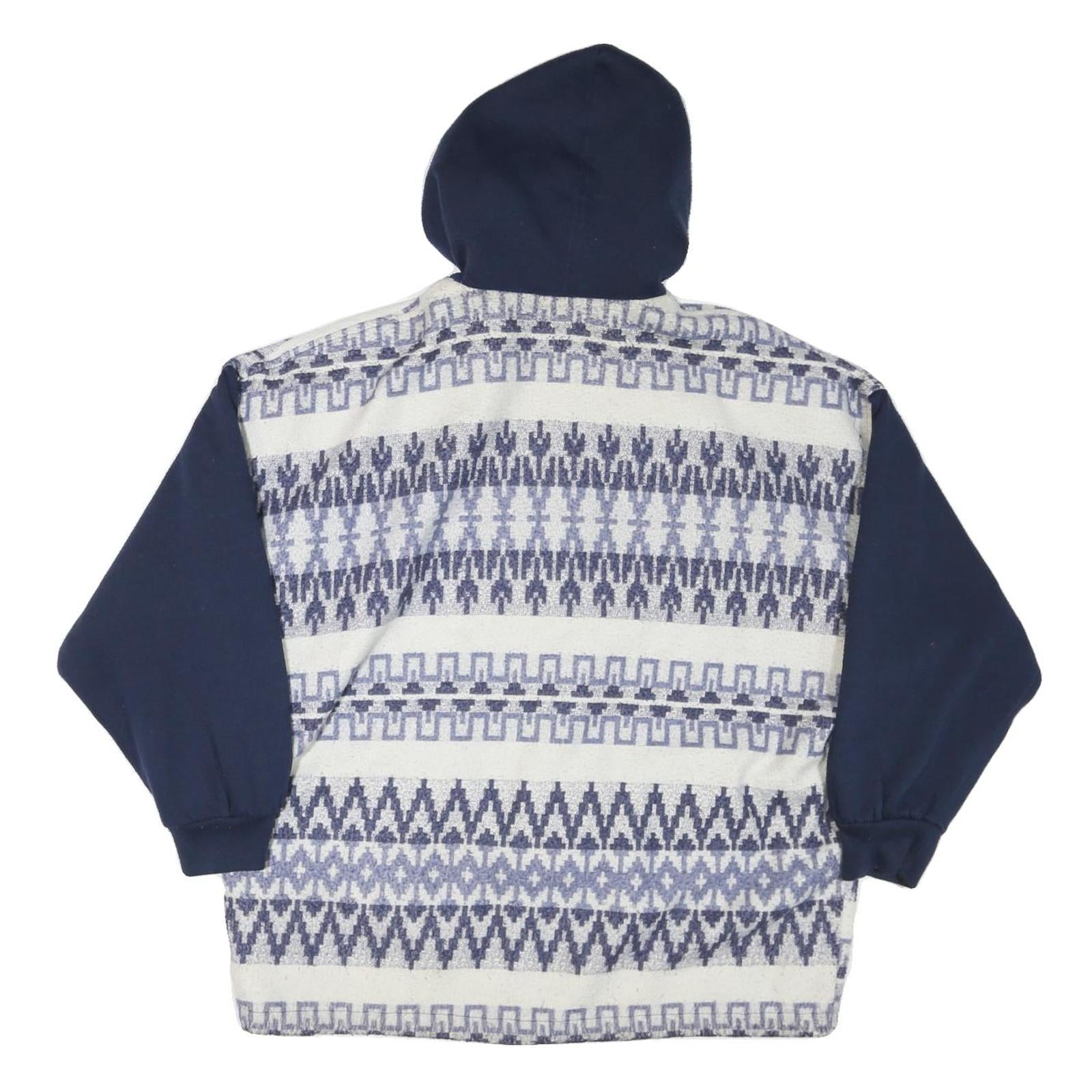 Womens Blue & White Patterned Button Jacket L Polyester Blend Hooded Casual Wear