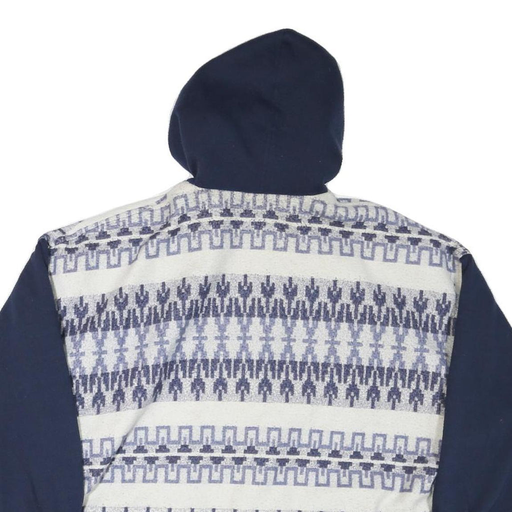 Womens Blue & White Patterned Button Jacket L Polyester Blend Hooded Casual Wear