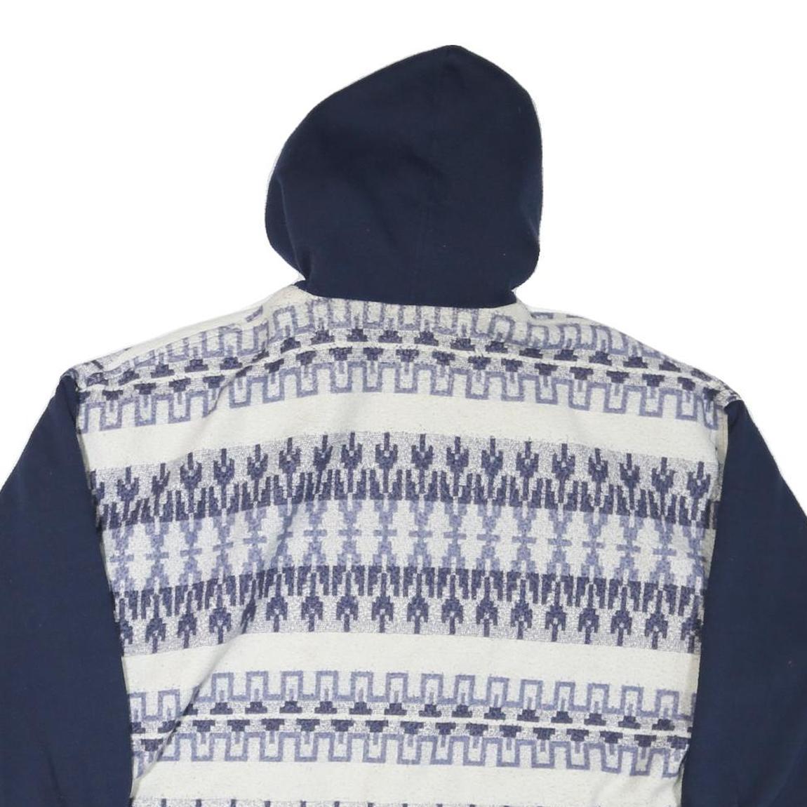 Womens Blue & White Patterned Button Jacket L Polyester Blend Hooded Casual Wear