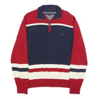 TOMMY HILFIGER Mens Red & Navy Colourblock Patterned V-Neck Cotton Jumper L