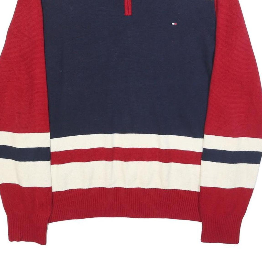 TOMMY HILFIGER Mens Red & Navy Colourblock Patterned V-Neck Cotton Jumper L
