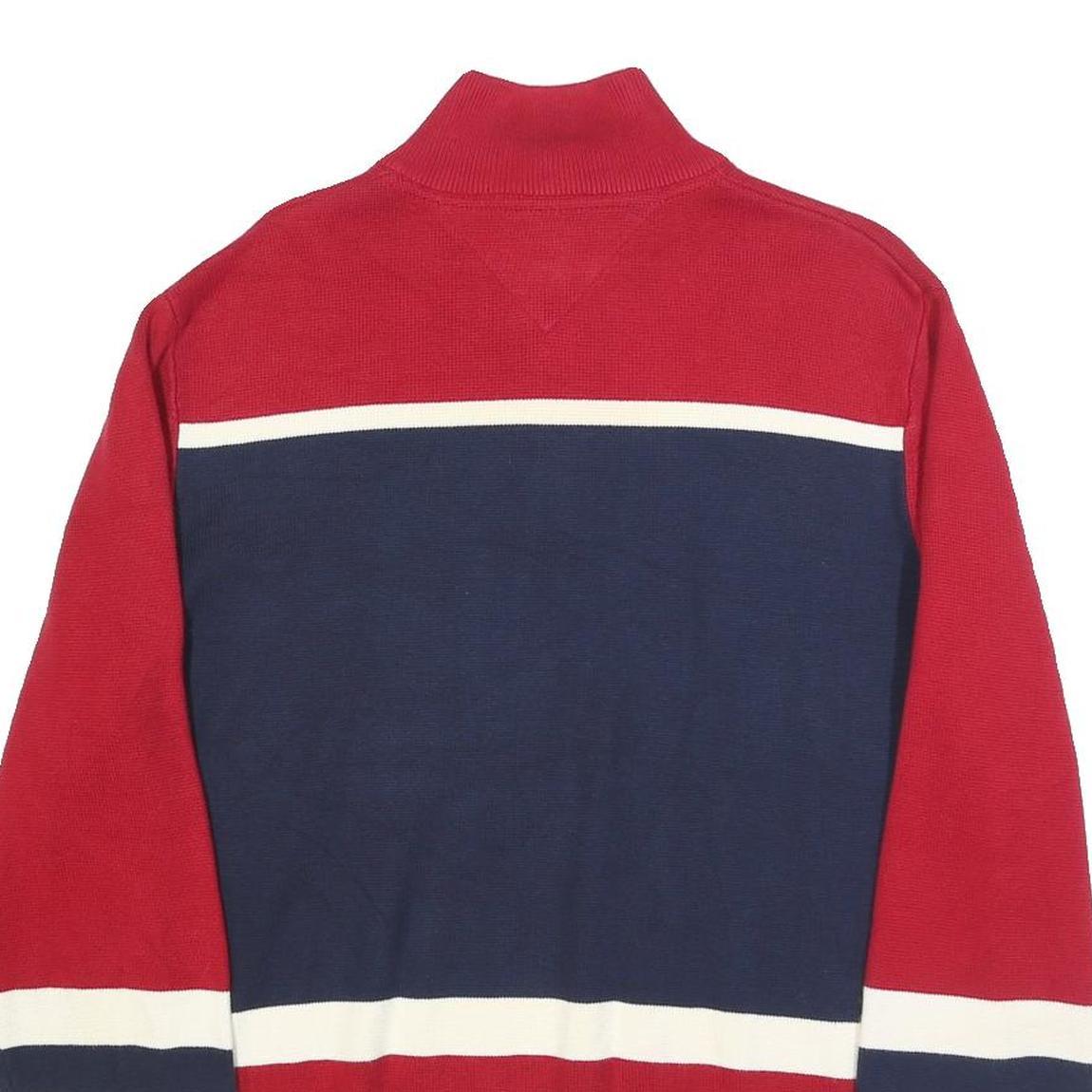 TOMMY HILFIGER Mens Red & Navy Colourblock Patterned V-Neck Cotton Jumper L
