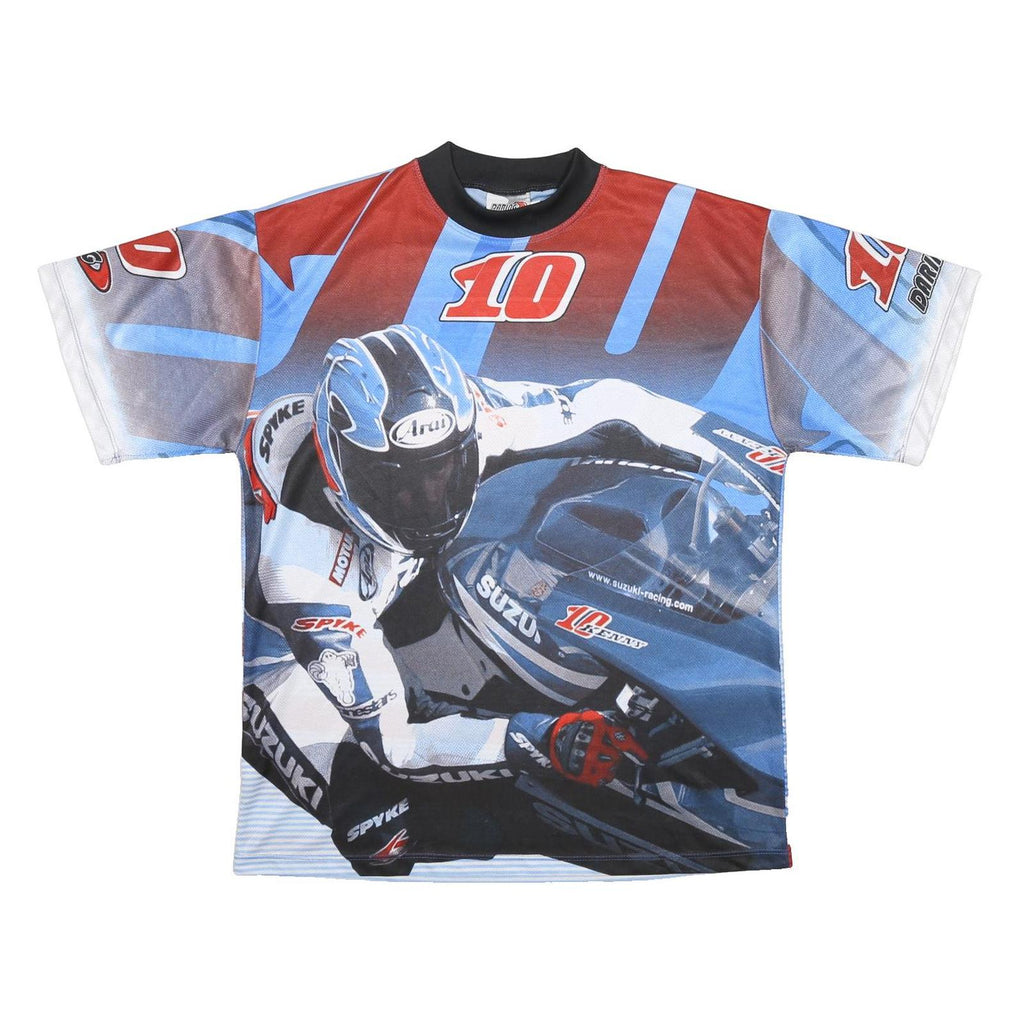 DARING Mens Blue Red Black Motorcycle Graphic T-Shirt L Short Sleeve Crew Neck