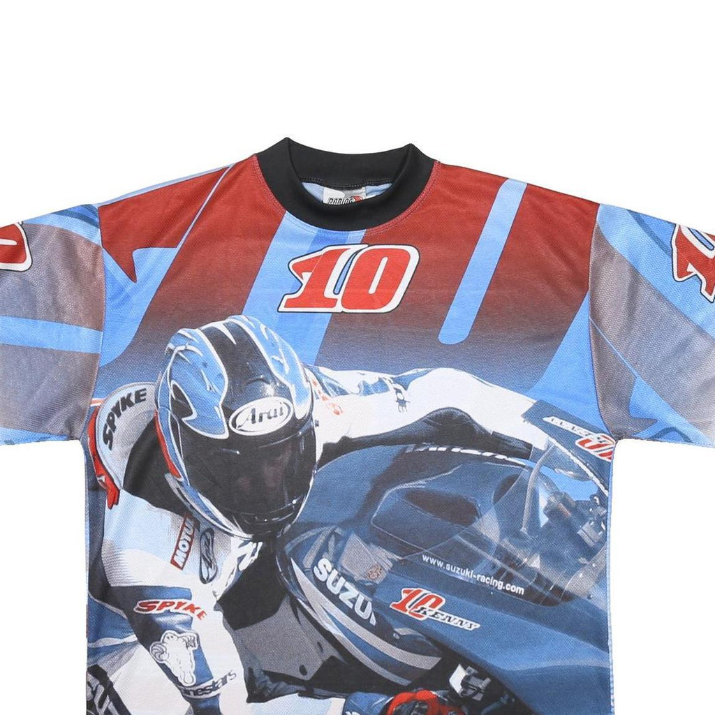 DARING Mens Blue Red Black Motorcycle Graphic T-Shirt L Short Sleeve Crew Neck