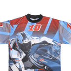 DARING Mens Blue Red Black Motorcycle Graphic T-Shirt L Short Sleeve Crew Neck