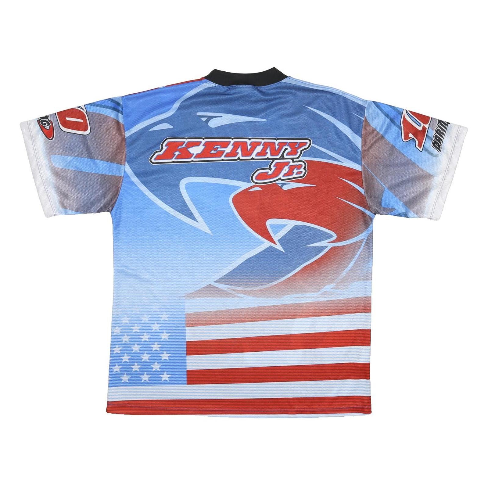 DARING Mens Blue Red Black Motorcycle Graphic T-Shirt L Short Sleeve Crew Neck