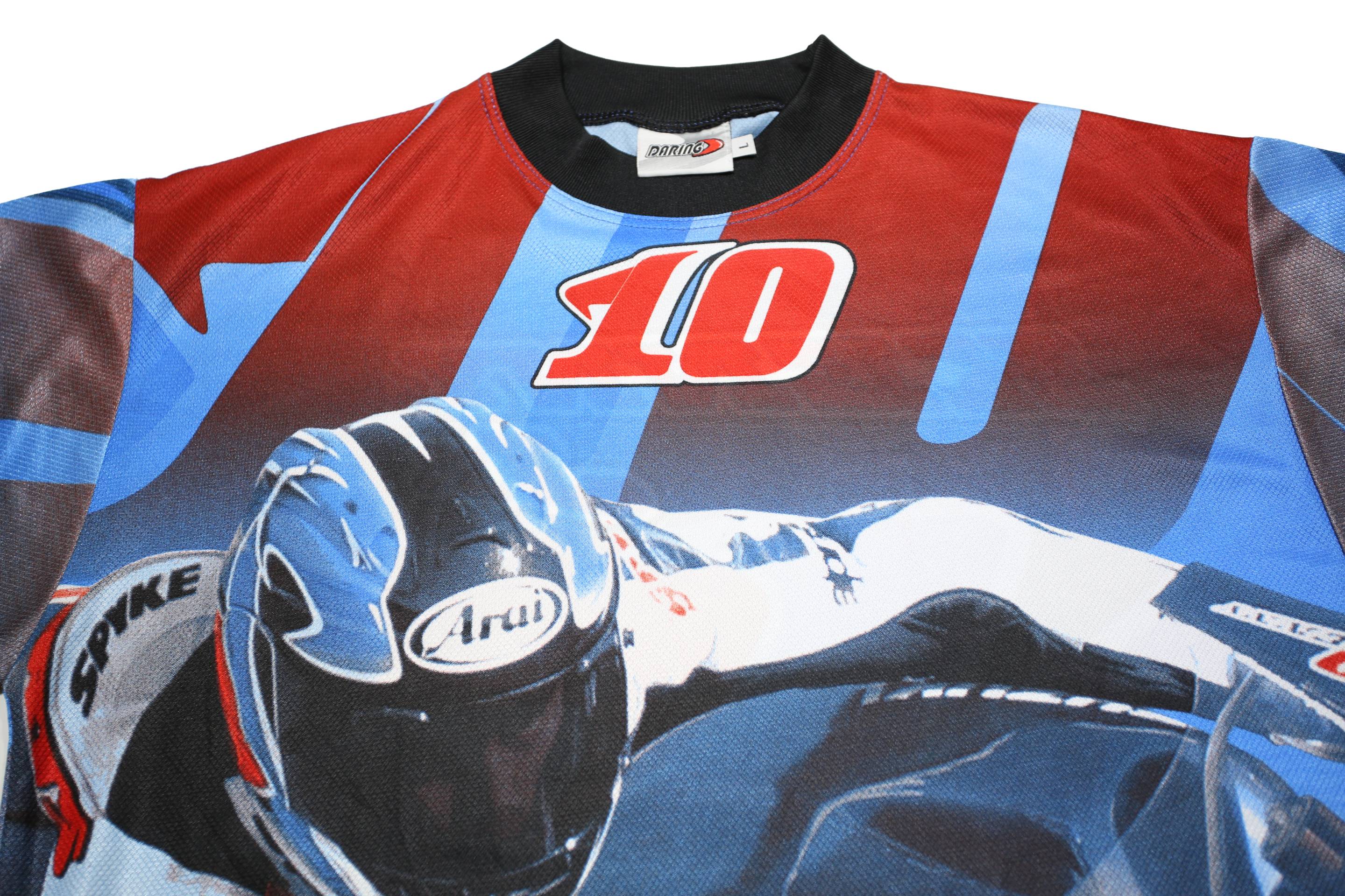 DARING Mens Blue Red Black Motorcycle Graphic T-Shirt L Short Sleeve Crew Neck