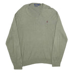 POLO RALPH LAUREN Mens Green Jumper Plain V-Neck Basic Knit XL Soft Cotton