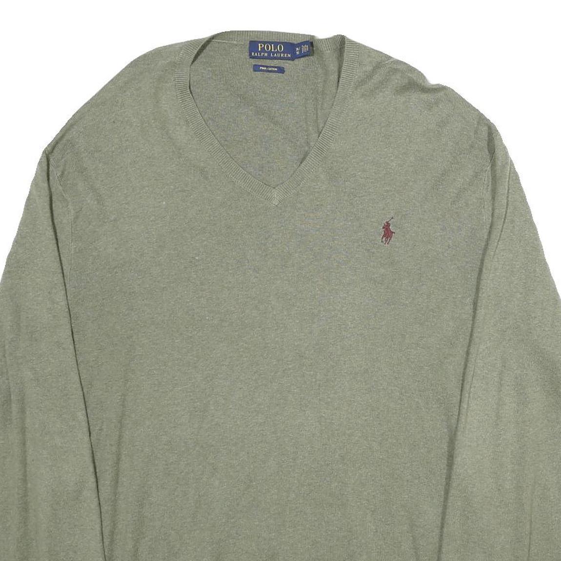 POLO RALPH LAUREN Mens Green Jumper Plain V-Neck Basic Knit XL Soft Cotton