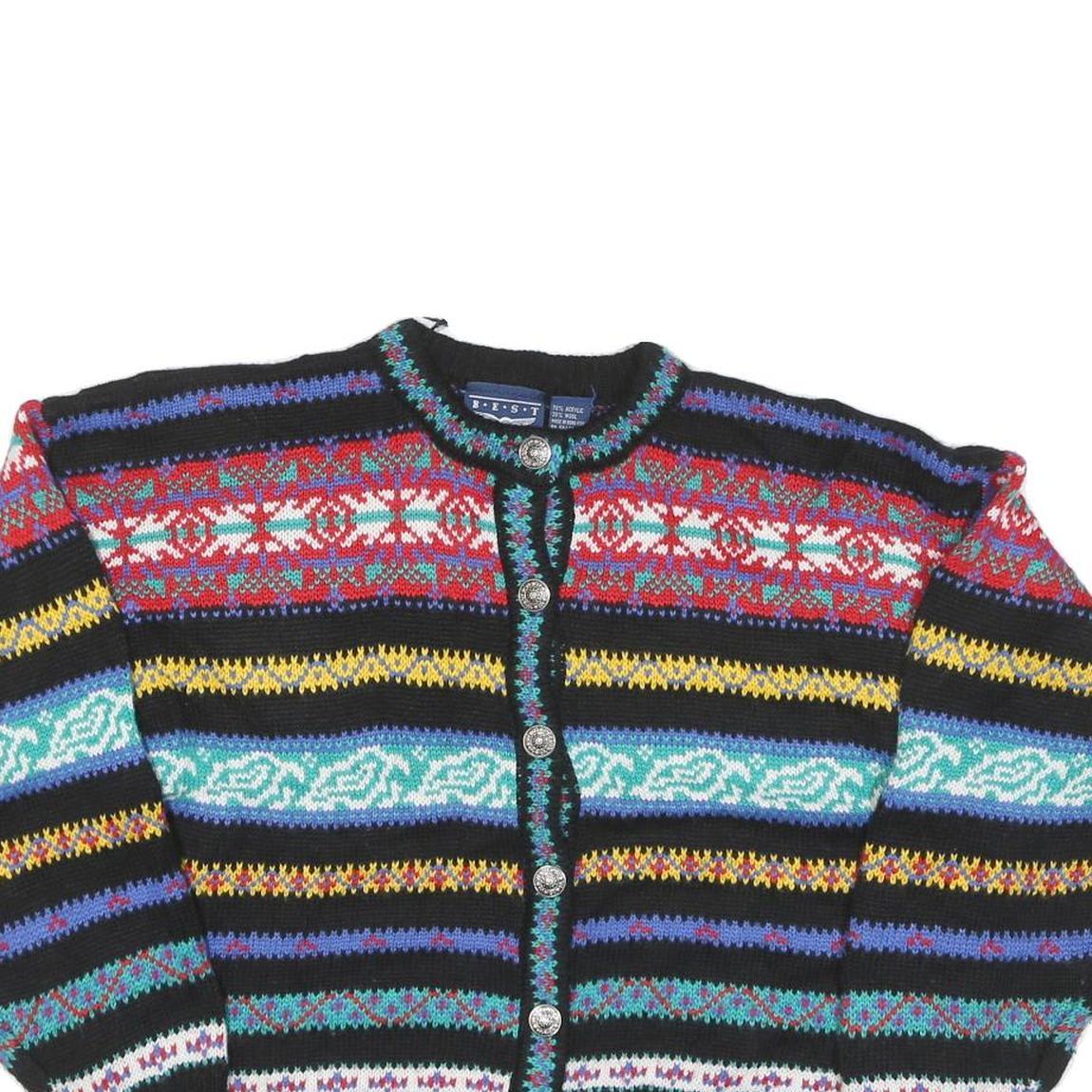 BEST Womens Black Patterned Button Up Jumper Wool Blend L Colourful Striped