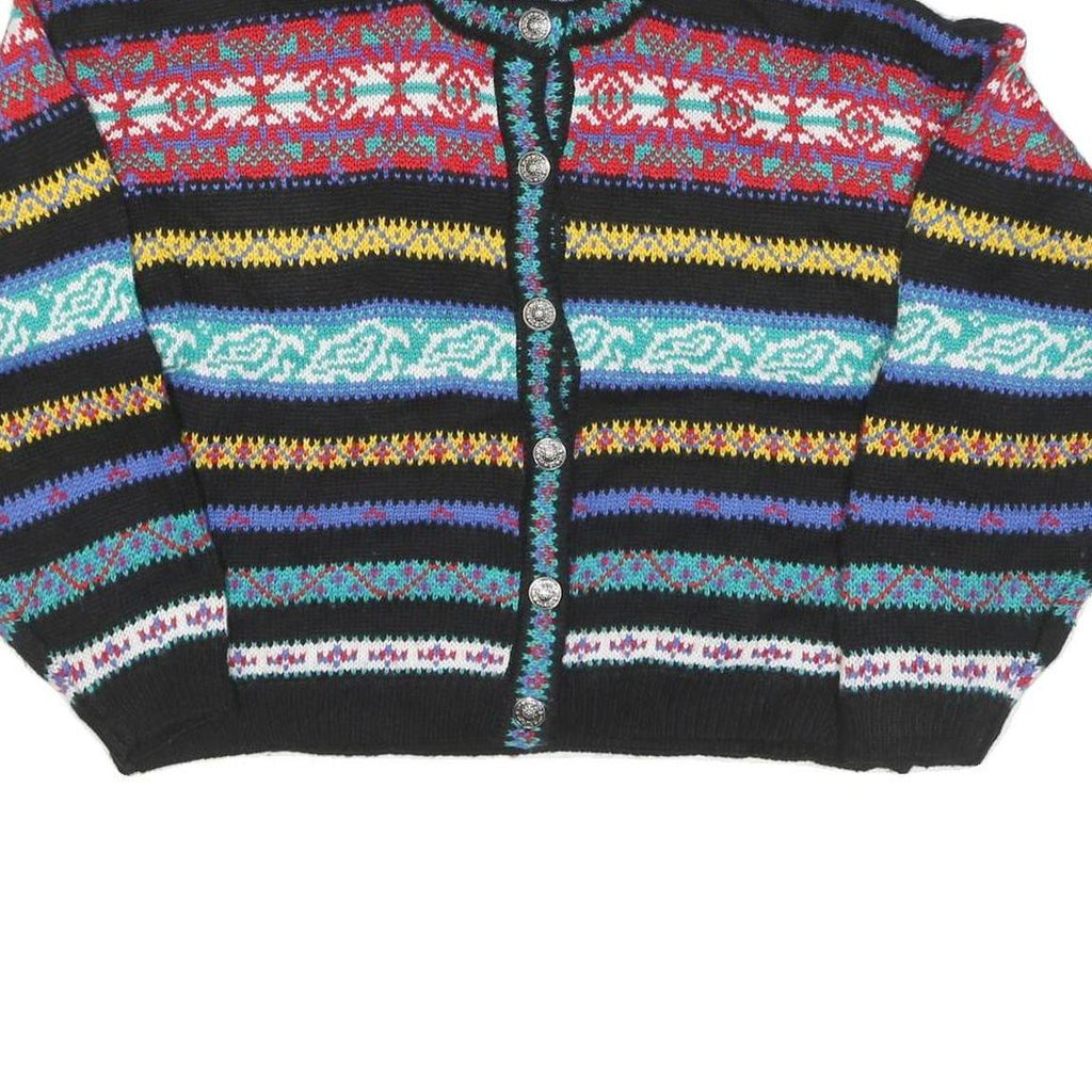 BEST Womens Black Patterned Button Up Jumper Wool Blend L Colourful Striped