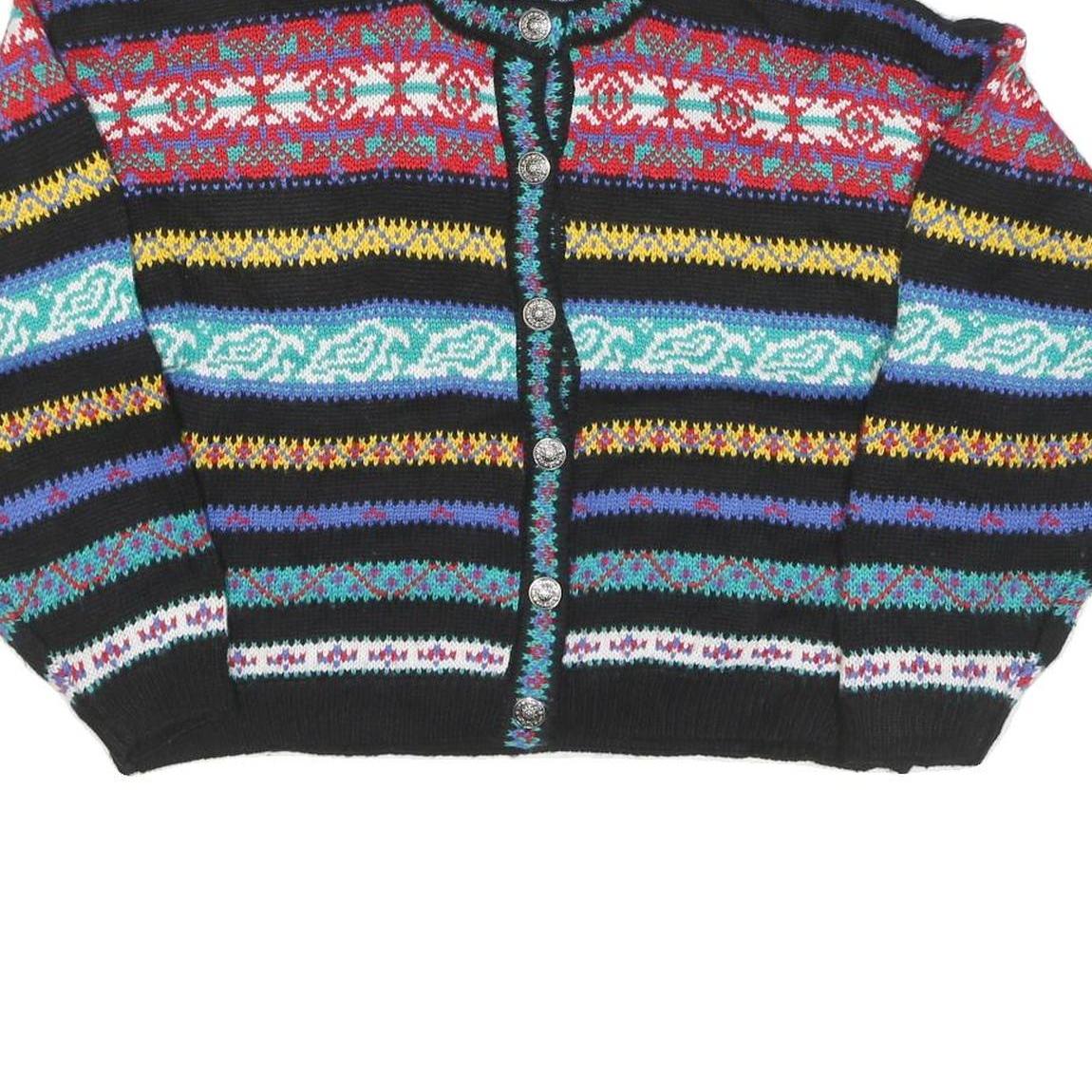 BEST Womens Black Patterned Button Up Jumper Wool Blend L Colourful Striped