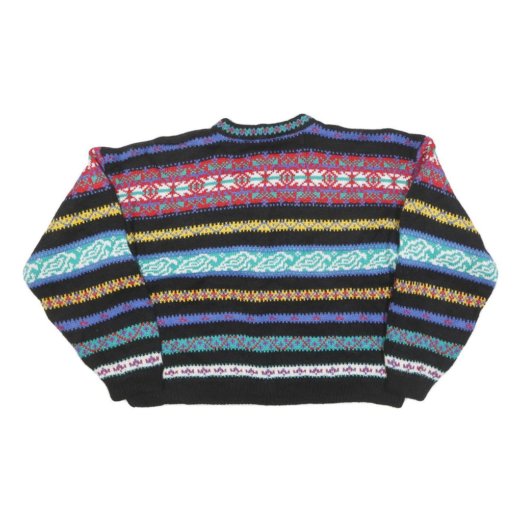 BEST Womens Black Patterned Button Up Jumper Wool Blend L Colourful Striped