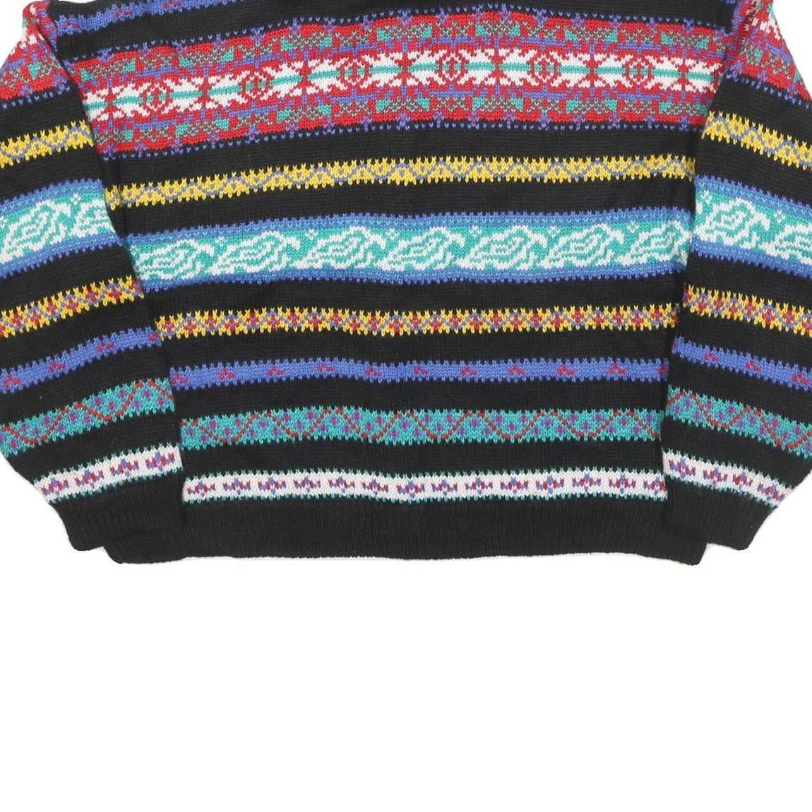 BEST Womens Black Patterned Button Up Jumper Wool Blend L Colourful Striped