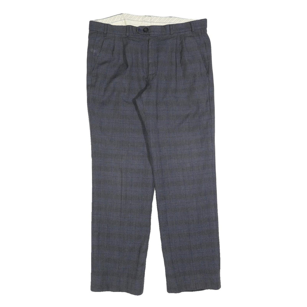 RITEX Mens Wool Regular Blue Grey Checked Trousers W34 L30 Classic Zip Closure