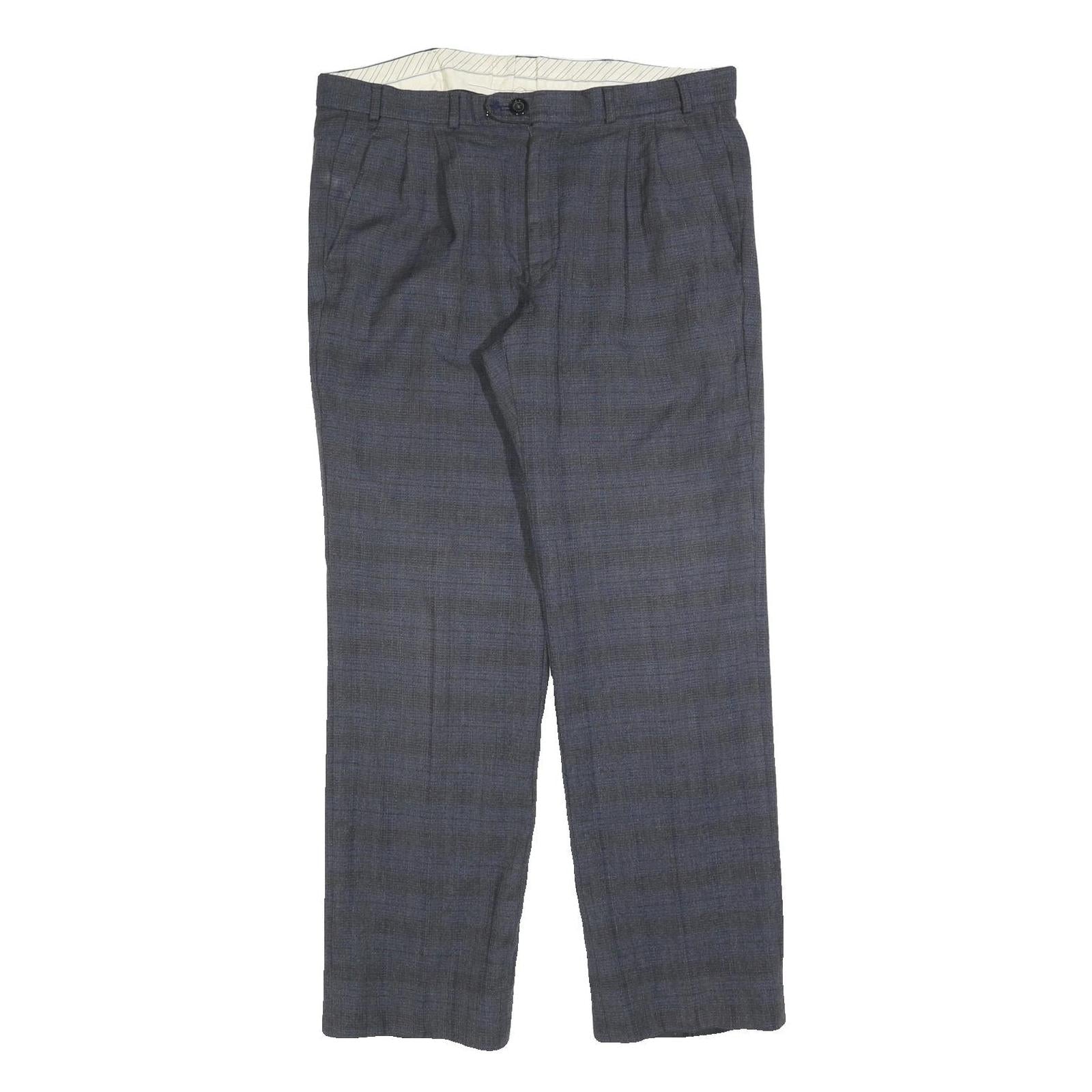 RITEX Mens Wool Regular Blue Grey Checked Trousers W34 L30 Classic Zip Closure