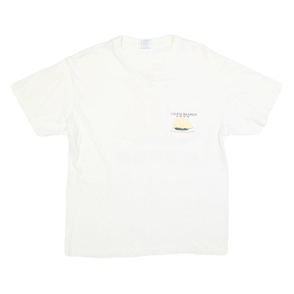 HANES Mens White Data Search Graphic T-Shirt L Short Sleeve Crew Neck Printed