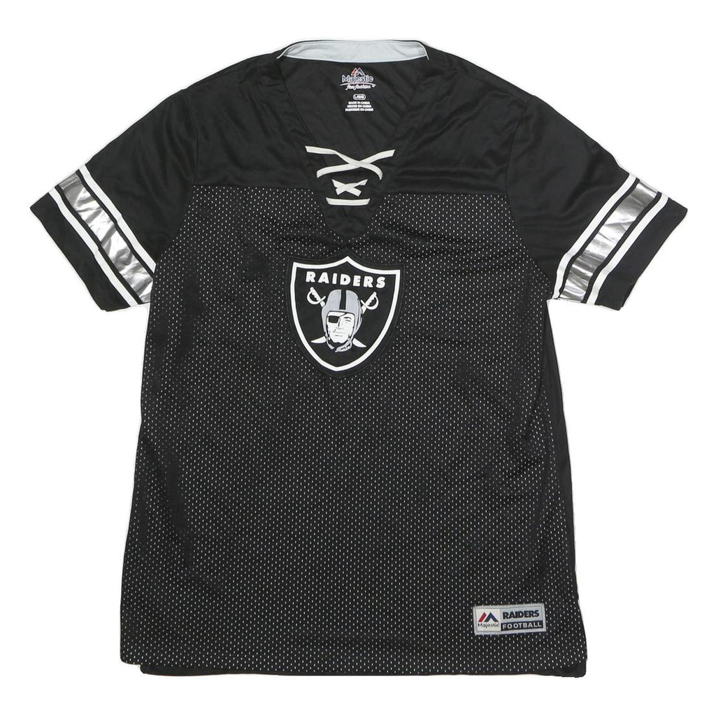 MAJESTIC Womens Black Raiders Graphic T-Shirt L Short Sleeve V-Neck Lace-Up