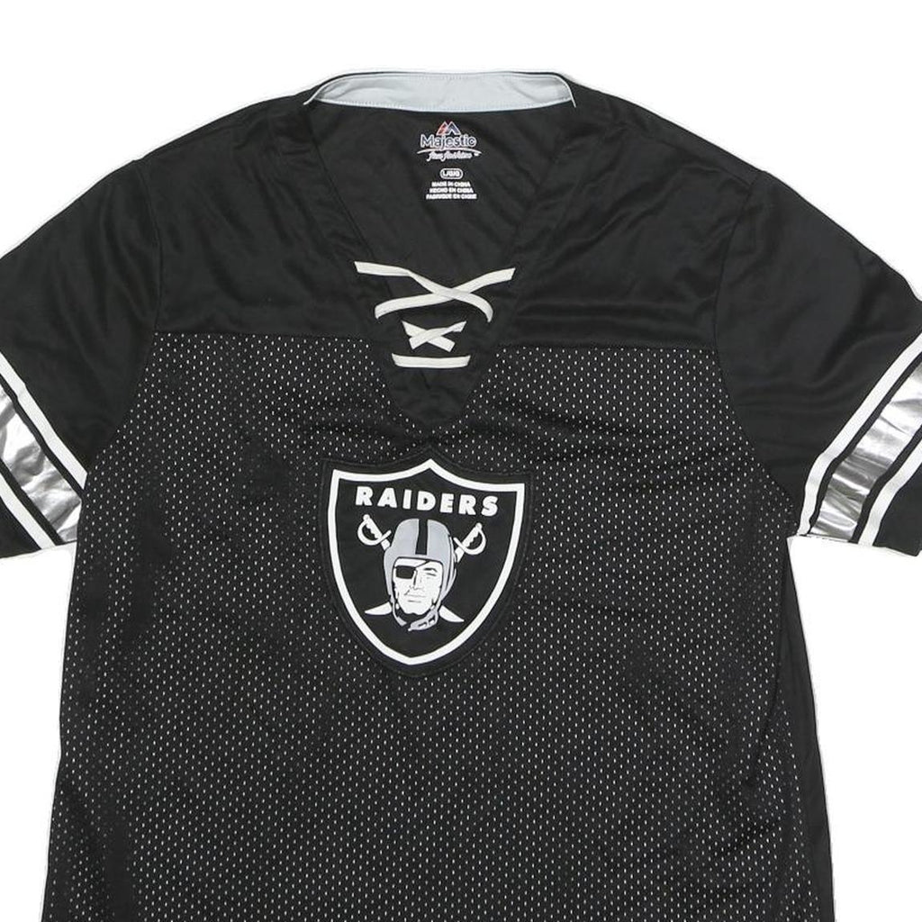 MAJESTIC Womens Black Raiders Graphic T-Shirt L Short Sleeve V-Neck Lace-Up