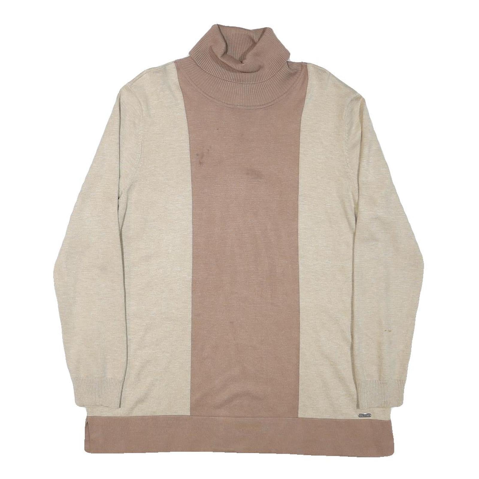 CALVIN KLEIN JEANS Womens Beige & Brown Colourblock Plain Roll Neck Jumper L