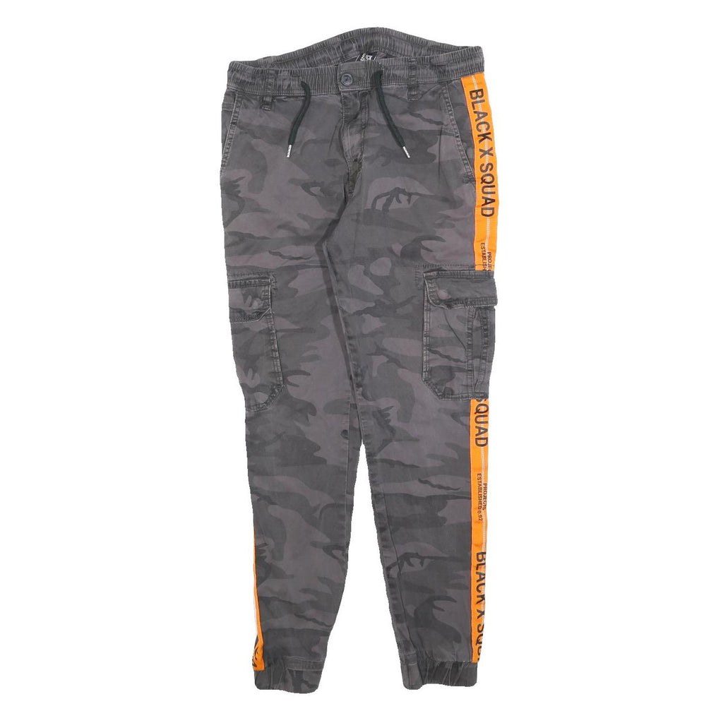 BLACK SQUAD Mens Cotton Blend Slim Tapered Black Camouflage Orange Stripe
